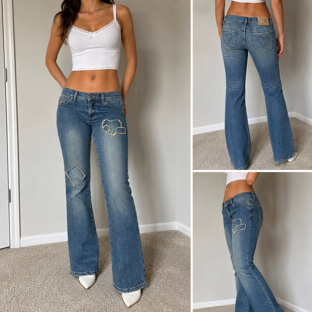 Luella for Target Jeans Low Rise Y2K Patchwork Heart Bootcut Flare Denim